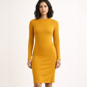 Ribbed Long Sleeve Midi Dress in Mustard